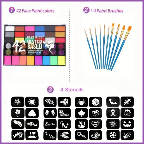 42 Colors Water Soluble Face & Body Painting Set – UV Neon Glitter for Halloween & Parties