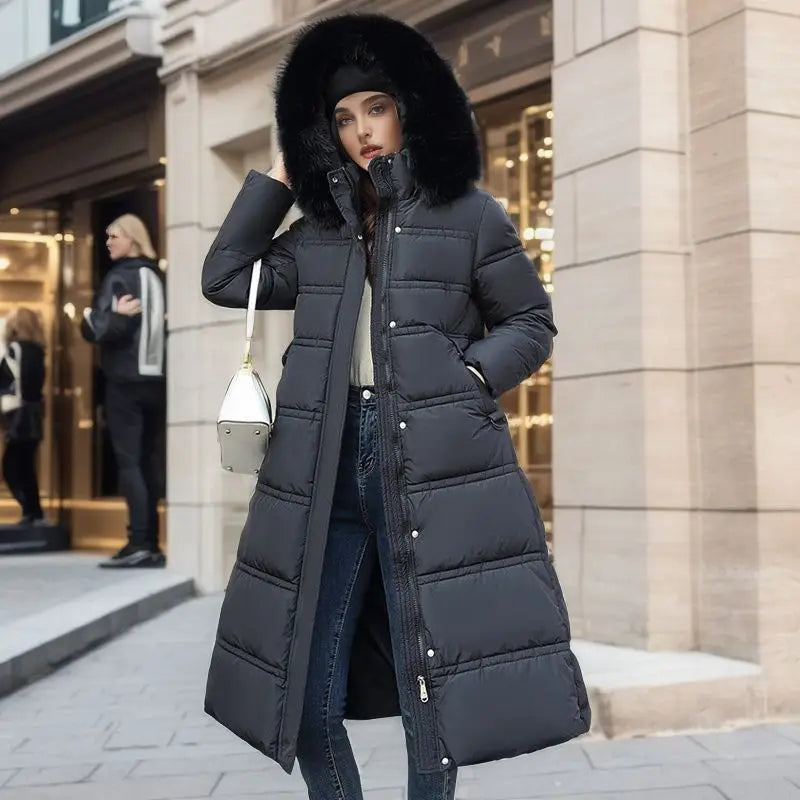 Women’s Winter Slim Long Jacket with Fur Hood and Stylish Belt