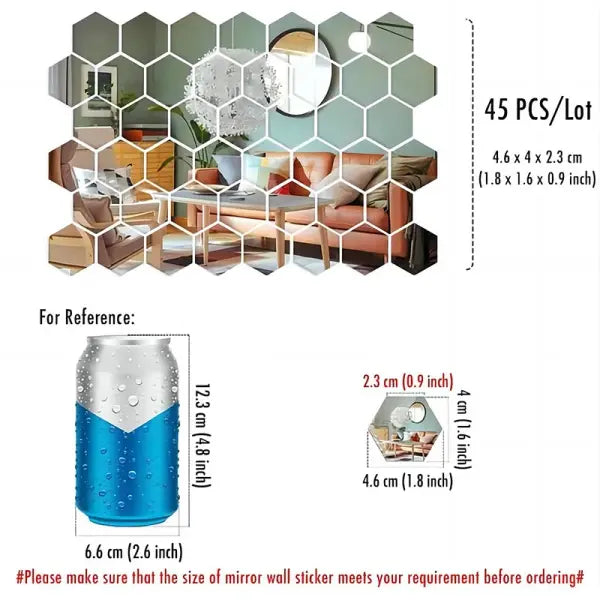 45pcs Mirror Wall Sticker Hexagon Wall Art Sticker DIY Household Decorative Tiles Sticker - 45pcs
