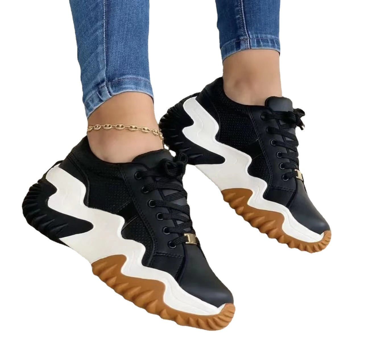 Women Patent Leather Platform Sneakers with Round Toe and Front Lace