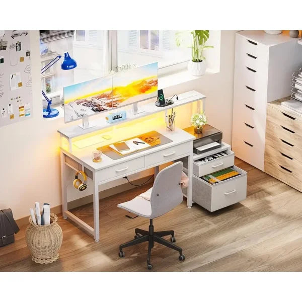 48-Inch Computer Desk with Fabric File Cabinet - LED & Power Strip Included