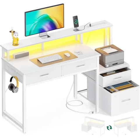 48-Inch Computer Desk with Fabric File Cabinet - LED & Power Strip Included