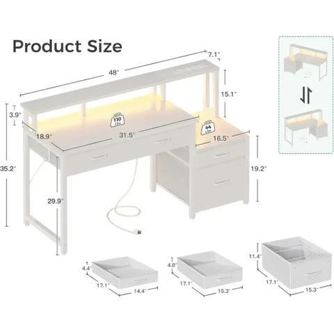 48-Inch Computer Desk with Fabric File Cabinet - LED & Power Strip Included