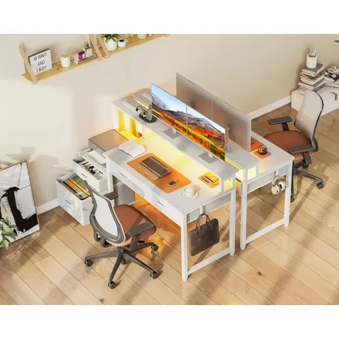 48-Inch Computer Desk with Fabric File Cabinet - LED & Power Strip Included