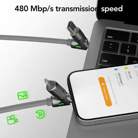 Smartphone connected to a laptop with USB cables, displaying 480 Mbps transmission speed text.