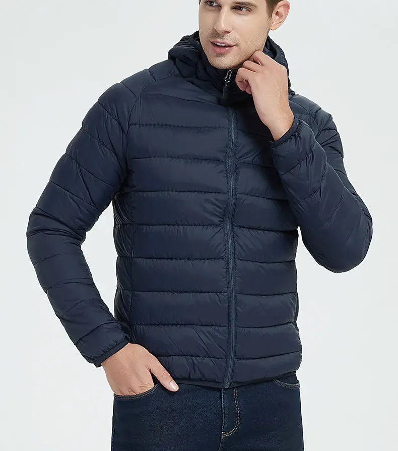 Men’s Lightweight Hooded Winter Coat in Solid Color Zipper Design