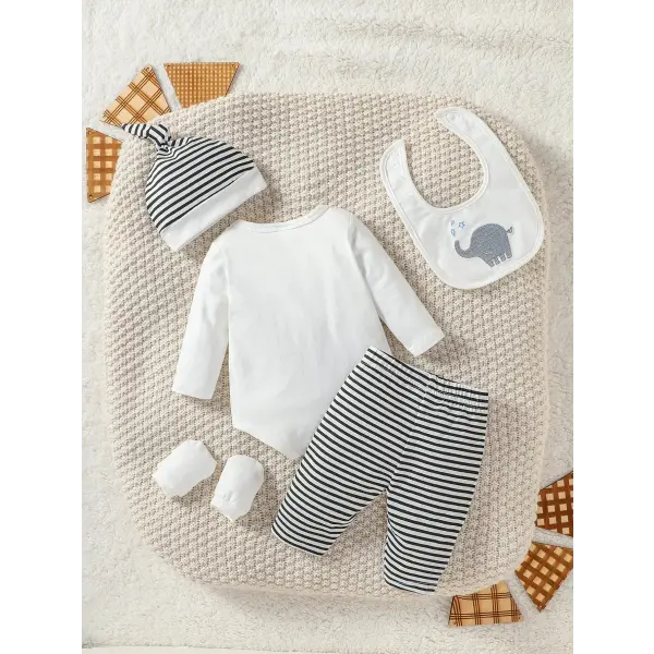 4PCS Baby Boys All-Season Outfit – Cartoon Elephant Pantsuit with Hat Gloves & Bib Streetwear Fashion