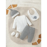 4PCS Baby Boys All-Season Outfit – Cartoon Elephant Pantsuit with Hat Gloves & Bib Streetwear Fashion
