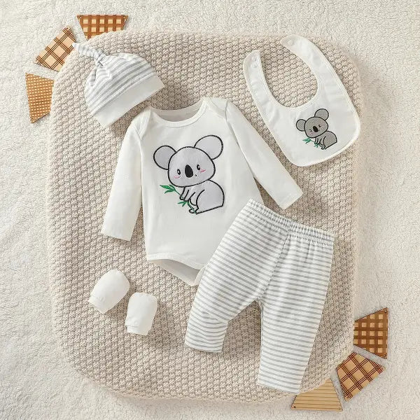 4PCS Baby Boys All-Season Outfit – Cartoon Elephant Pantsuit with Hat Gloves & Bib Streetwear Fashion - ZT1273-1-baise