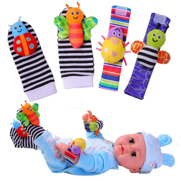 4PCS Baby Rattles & Socks Set – Animal Foot & Wrist Strap Toys for 0–12 Months Toddlers - 4PCs