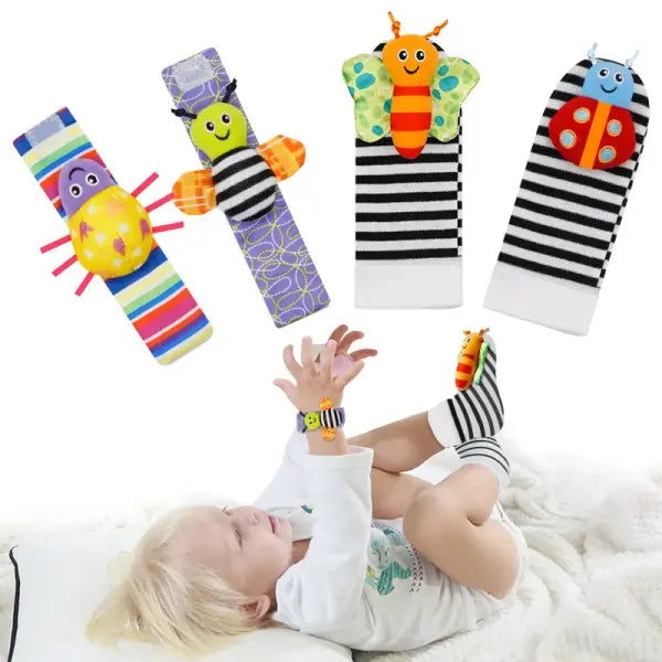 4PCS Baby Rattles & Socks Set – Animal Foot & Wrist Strap Toys for 0–12 Months Toddlers - 4PCs