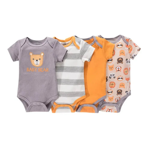 4PCS Cotton Newborn Bodysuits – Cartoon Short Sleeve Rompers for Baby Boys & Girls (0–12M)