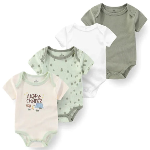 4PCS Cotton Newborn Bodysuits – Cartoon Short Sleeve Rompers for Baby Boys & Girls (0–12M)
