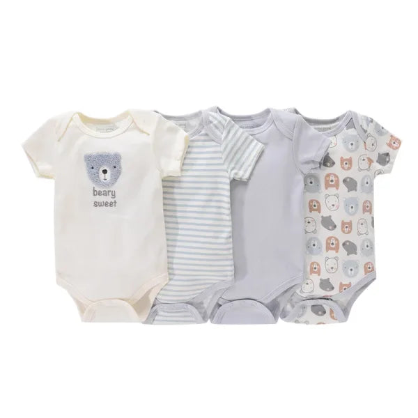 4PCS Cotton Newborn Bodysuits – Cartoon Short Sleeve Rompers for Baby Boys & Girls (0–12M)