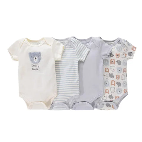 4PCS Cotton Newborn Bodysuits – Cartoon Short Sleeve Rompers for Baby Boys & Girls (0–12M)