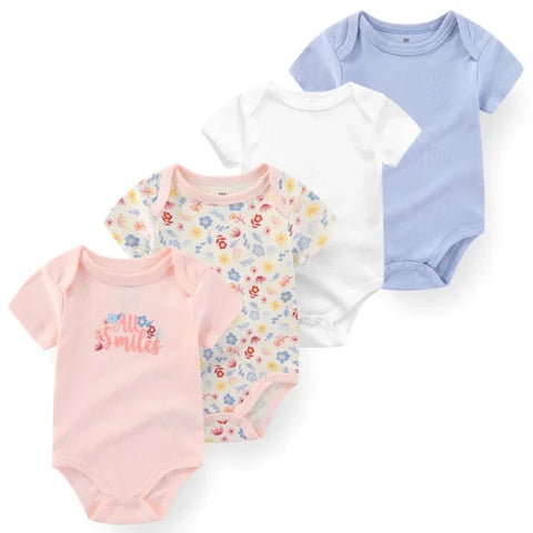 4PCS Cotton Newborn Bodysuits – Cartoon Short Sleeve Rompers for Baby Boys & Girls (0–12M)