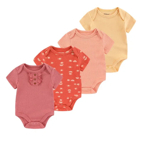4PCS Cotton Newborn Bodysuits – Cartoon Short Sleeve Rompers for Baby Boys & Girls (0–12M) - BDS4804 / 9M