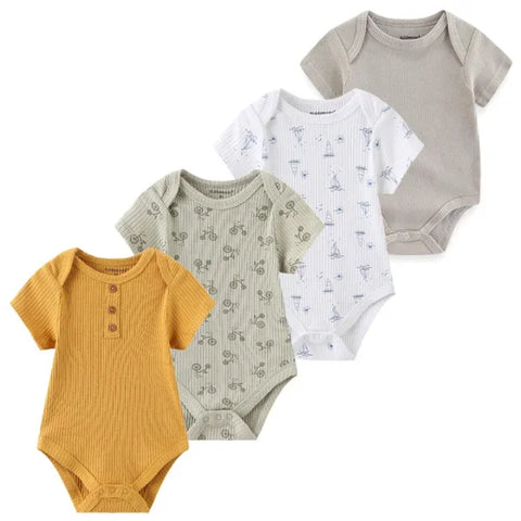 4PCS Cotton Newborn Bodysuits – Cartoon Short Sleeve Rompers for Baby Boys & Girls (0–12M) - BDS4656 / 12M