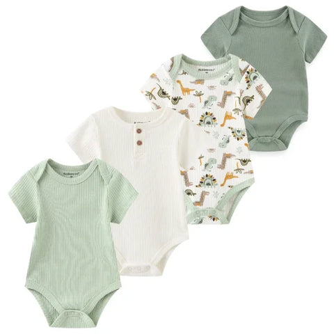 4PCS Cotton Newborn Bodysuits – Cartoon Short Sleeve Rompers for Baby Boys & Girls (0–12M) - BDS4657 / 9M