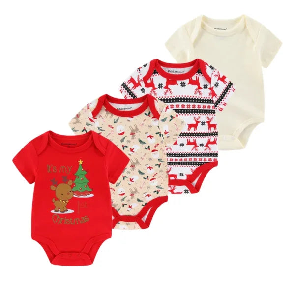 4PCS Cotton Newborn Bodysuits – Cartoon Short Sleeve Rompers for Baby Boys & Girls (0–12M) - BDS4803 / 9M