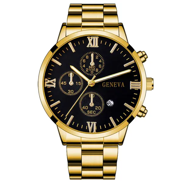 Complete calendar gold alloy mens quartz watch and jewelry set