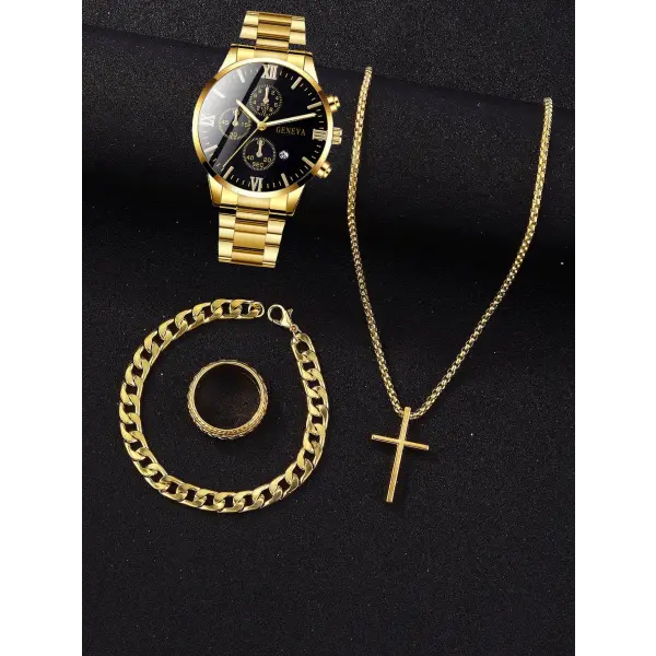 Complete calendar gold alloy mens quartz watch and jewelry set - Gold