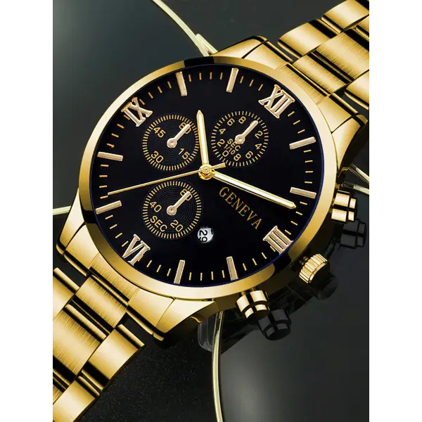 Complete calendar gold alloy mens quartz watch and jewelry set