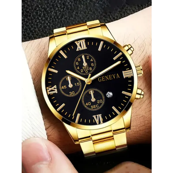 Complete calendar gold alloy mens quartz watch and jewelry set