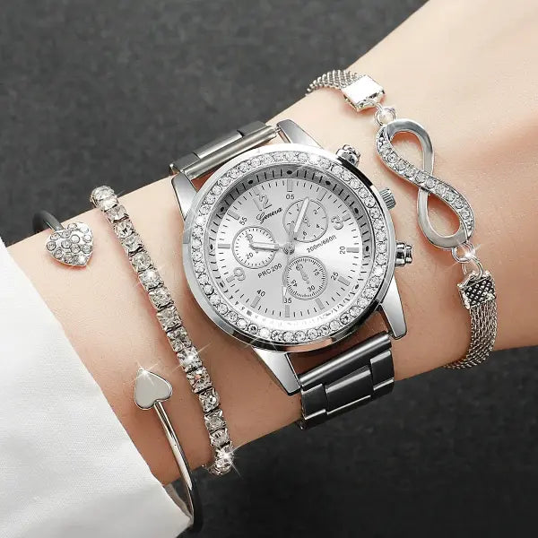 4 Piece Luxury Rhinestone Women Watches with Quartz Movement Origin - A Silver Without Box