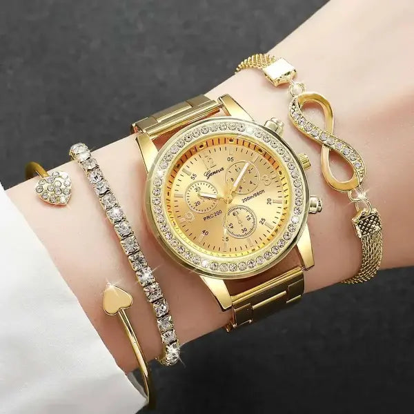 4 Piece Luxury Rhinestone Women Watches with Quartz Movement Origin - A Gold Without Box