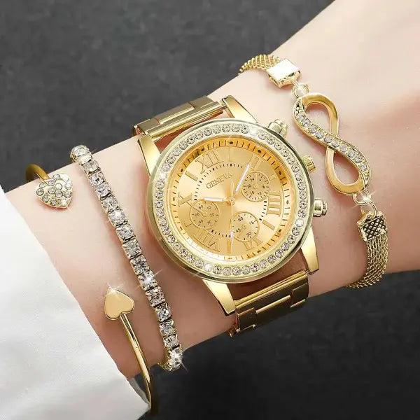 4 Piece Luxury Rhinestone Women Watches with Quartz Movement Origin - B Gold Without Box