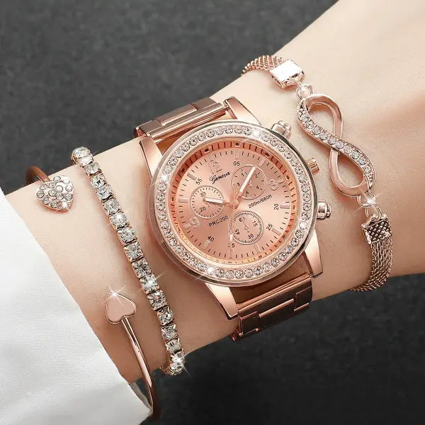 4 Piece Luxury Rhinestone Women Watches with Quartz Movement Origin - A Rose Without Box