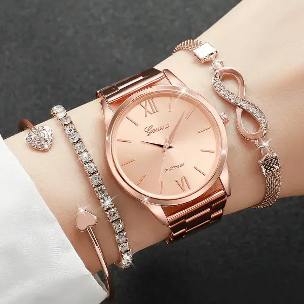 4 Piece Luxury Rhinestone Women Watches with Quartz Movement Origin - C Rose Without Box