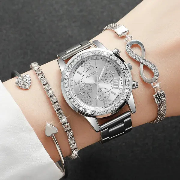 4 Piece Luxury Rhinestone Women Watches with Quartz Movement Origin - B Silver Without Box