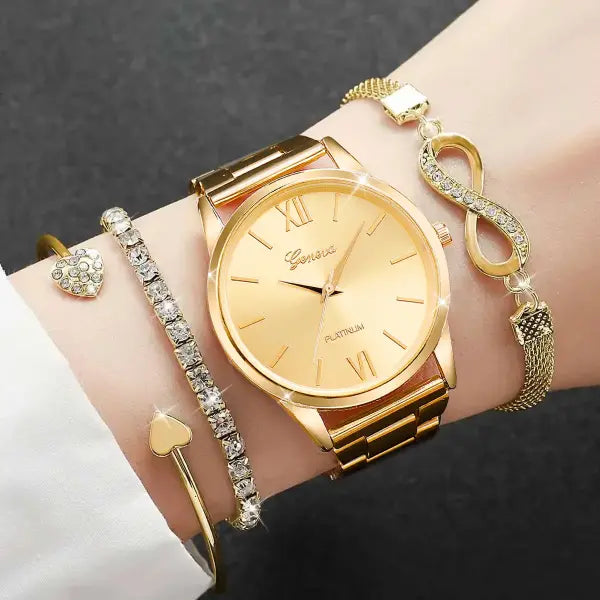 4 Piece Luxury Rhinestone Women Watches with Quartz Movement Origin - C Gold Without Box