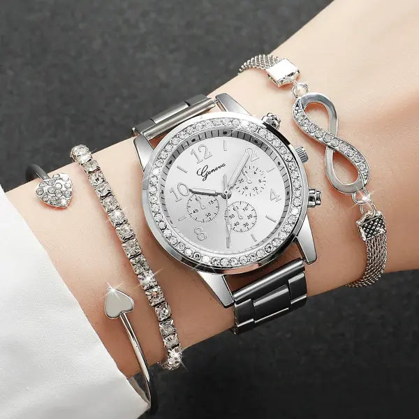 4 Piece Luxury Rhinestone Women Watches with Quartz Movement Origin - Silver Set No Box