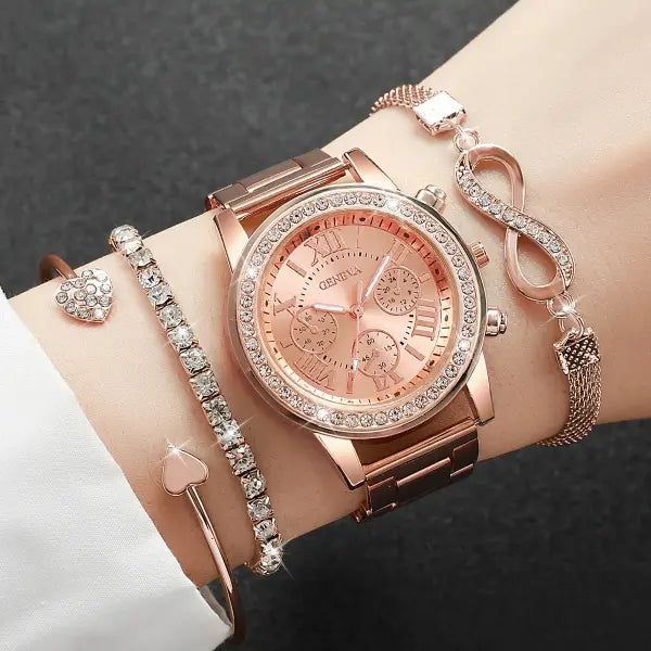 4 Piece Luxury Rhinestone Women Watches with Quartz Movement Origin - B Rose Without Box