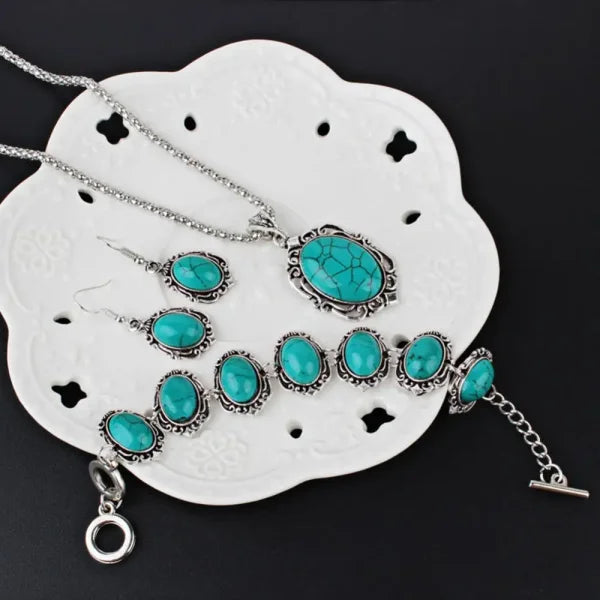 4pcs Vintage Faux Turquoise Jewelry Set Necklace Earrings Bracelet - Himpall