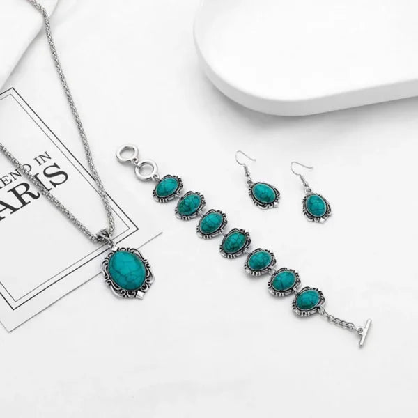 4pcs Vintage Faux Turquoise Jewelry Set Necklace Earrings Bracelet - Himpall