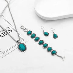 4pcs Vintage Faux Turquoise Jewelry Set Necklace Earrings Bracelet - Himpall