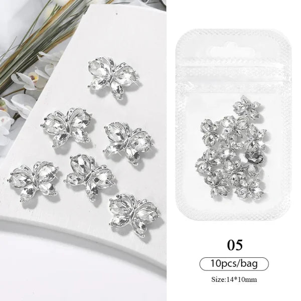 5/10Pcs Metal Heart & Butterfly Rhinestones – 3D Nail Art Charms - 56689-5