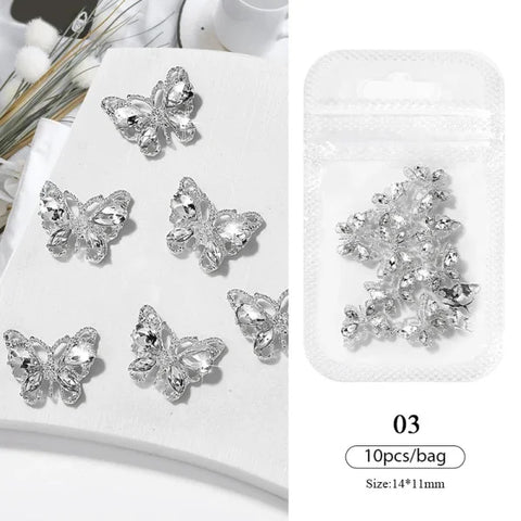 5/10Pcs Metal Heart & Butterfly Rhinestones – 3D Nail Art Charms - 56689-3