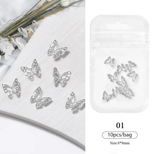 5/10Pcs Metal Heart & Butterfly Rhinestones – 3D Nail Art Charms - 56689-1