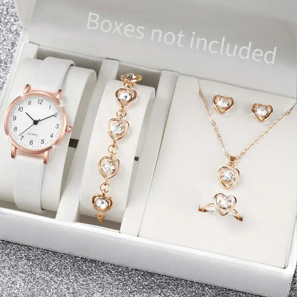 5/6PCS Fashion Women’s Quartz Watch Leather Band Analog Quartz Watches with Diamond Jewelry (Without Box) - Rose Gold E