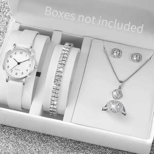 5/6PCS Fashion Women’s Quartz Watch Leather Band Analog Quartz Watches with Diamond Jewelry (Without Box) - Silver C
