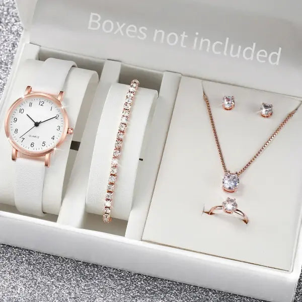 5/6PCS Fashion Women’s Quartz Watch Leather Band Analog Quartz Watches with Diamond Jewelry (Without Box) - Rose Gold