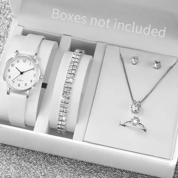 5/6PCS Fashion Women’s Quartz Watch Leather Band Analog Quartz Watches with Diamond Jewelry (Without Box) - Silver B
