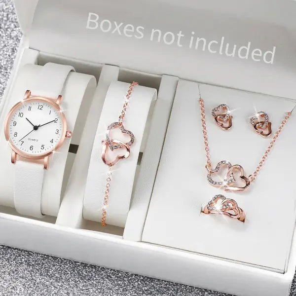 5/6PCS Fashion Women’s Quartz Watch Leather Band Analog Quartz Watches with Diamond Jewelry (Without Box) - Rose Gold C