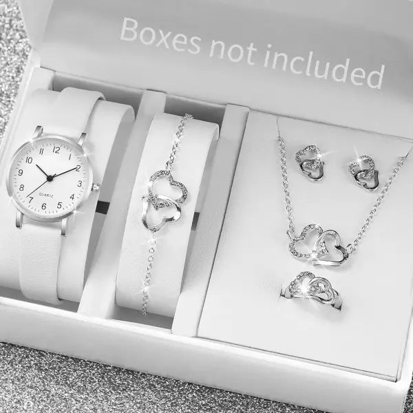 5/6PCS Fashion Women’s Quartz Watch Leather Band Analog Quartz Watches with Diamond Jewelry (Without Box) - Silver D