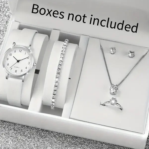 5/6PCS Fashion Women’s Quartz Watch Leather Band Analog Quartz Watches with Diamond Jewelry (Without Box)